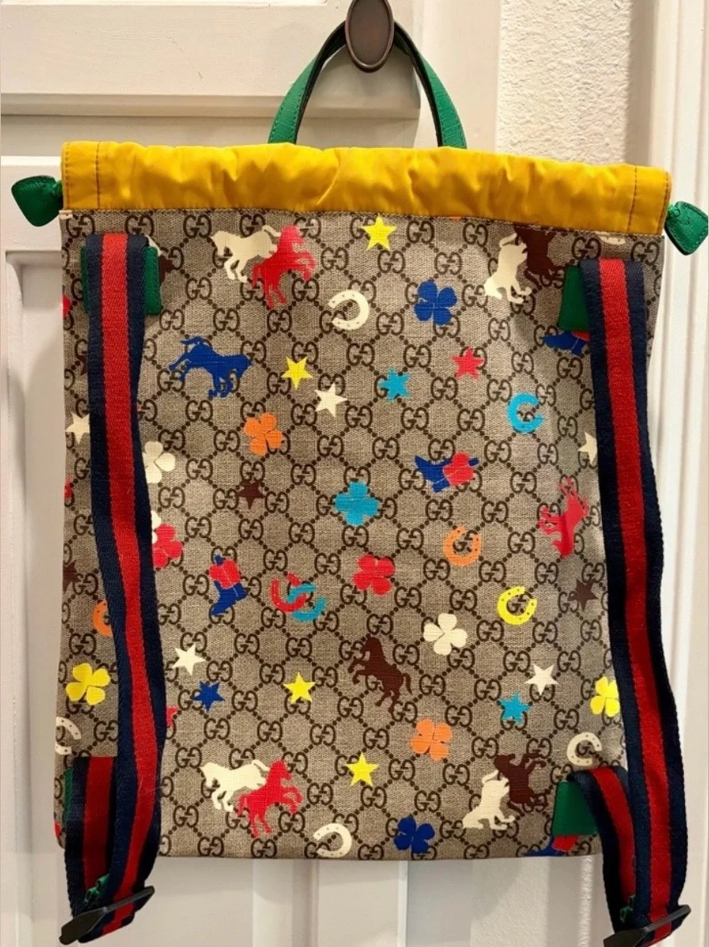 EUC! GUCCI Kids Beige GG Canvas Backpack with Yellow Trim & Multicolor Icons🐴⭐️